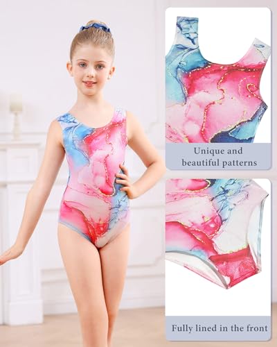 Girls 3 Piece Gymnastics Biketards Size 8 Big Girls' 3d Printed Blue Pink Marble Gym Leotards Size 6 8 Girl's Drift Quick Dry Elastic Ballet Dance Sets with Boy Short for Girl Sporty Sets,8 9 Years