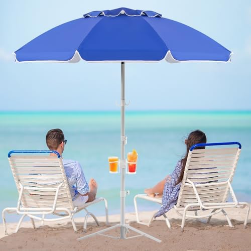 Aoxun Portable Umbrella with Stand, 6.5ft Sun Shade Umbrella with Stand, Lightweight Adjustable Standing with Sand Anchor and Carry Bag, Instant Sun Protection, Easy to Carry, Blue
