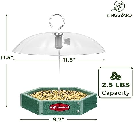 Kingsyard Platform Bird Feeder for Outdoor Hanging - Rugged Recycled Plastic Wild Bird Feeding Station with Adjustable Dome & Metal Mesh Tray, Green