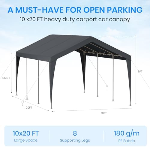Carport 10x20 Heavy Duty Portable Garage,Galvanized Frame Carport Canopy,Portable Garages and Shelters with 8 Leg&4 Wind Rope,Car Tent Garage with All-Season Tarp for Boat Truck Bike,Without Sidewall