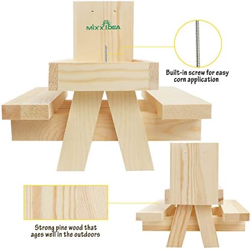 MIXXIDEA Squirrel Feeder Table with Umbrella, Wooden Squirrel Picnic Table Feeder, Sturdy Squirrels Feeder Corn Cob Holder, with Solid Structure and 2 x Thick Benches(1pk)