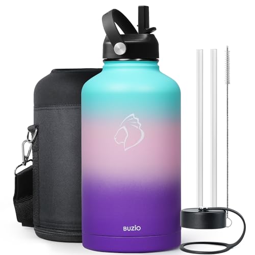 BUZIO 64oz Insulated Water Bottle Stainless Steel Double Wall Leak Proof Half Gallon with Straw Lid and Flex Cap (Cold for 48 Hrs) Sports Flask Metal Travel Mug for Hiking Cycling, Hydrangea