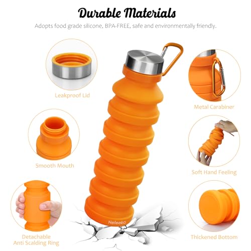 Nefeeko Collapsible Water Bottle, Reuseable BPA Free Silicone Foldable Water Bottles for Travel Gym Camping Hiking, Portable Leak Proof Sports Water Bottle with Carabiner