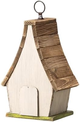 Glitzhome Bird Houses for Outside, 9.5" H Hanging Bird House Distressed Solid Wood Decorative Garden Birdhouse for Outdoors with Natural Wood Pallet Roof and 3D Tree,Washed White