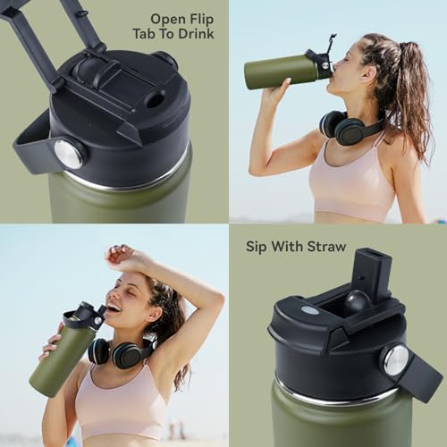 Kerilyn Stainless Steel Insulated Water Bottle, 18oz Double Wall Vacuum Insulated Water Bottle Leak Proof with Silicone Straw, Wide Mouth Lid, BPA Free, Keep Cold and Hot, 18oz, Army Green