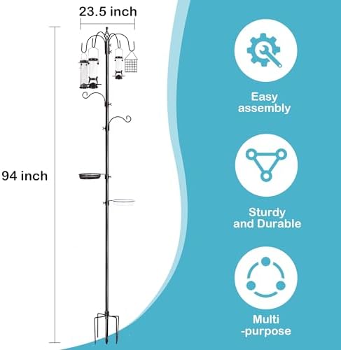 6-Hook Bird Feeding Station Kit, Wild Bird Feeder Stand Pole, Multi-Feeder Kit Stand with 4 Feeders, Bird Bath and Mesh Tray, 94 Inch