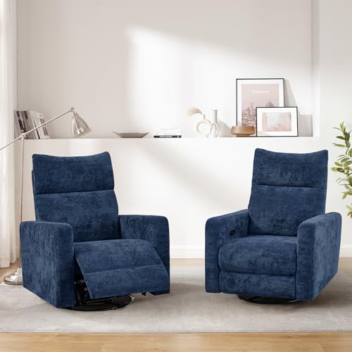 Power Swivel Rocker Recliner Chair Set of 2, 270° Swivel Rocking Chair for Adults Living Room Nursery Bedroom Electric Glider Reclining Single Sofa with USB Port Infinite Position Backrest (Dark Blue)