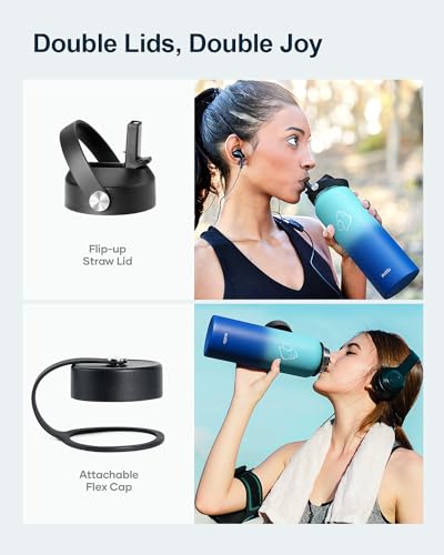 BUZIO Double Wall Stainless Steel Sports Wide Mouth Water Bottle, BPA-Free Flex Cap and Straw Lid, 40 Ounces & 32 Ounces Water Bottle, Sea Breeze