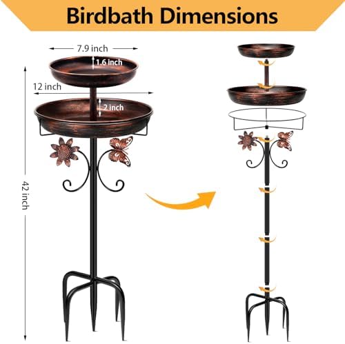 Daoeny Bird Bath for Outside, 42In Vintage Freestanding Birdbaths for Outdoors, Double Metal Bird Bath Feeder Bowls for Garden Patio Yard Lawn Decor, Upgraded 5-Pronged Base (Antique Bronze)