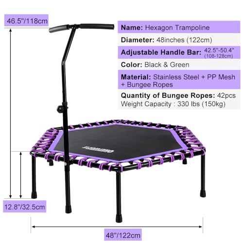 ONETWOFIT 48" Silent Mini Trampoline with Adjustable Handle Bar Fitness Trampoline Bungee Rebounder Jumping Cardio Trainer Workout for Adults