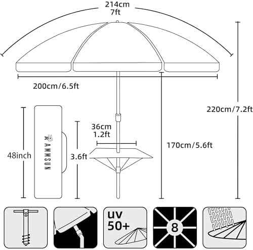 AMMSUN 7ft Heavy Duty High Wind Beach Umbrella with sand anchor, Built-in Table Tray & Tilt Pole, UPF 50+ Windproof Portable Outdoor Umbrellas Carry Bag for Patio Garden Pool Backyard stripe (Haute