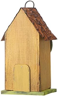 Glitzhome 9.7" H Hanging Birdhouse for Outdoor Patio Garden Decorative Pet Cottage Distressed Wooden Birdhouse, Leaves Rustic Yellow