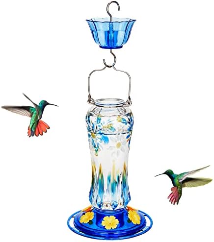 Kingsyard Hummingbird Feeder for Outdoors Hanging, 25 Ounces, Glass Humming Bird Nectar Feeder with Ant Moat & 6 Feeding Ports, Leak Proof, Blue