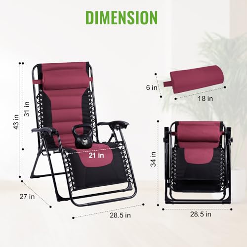 Backyard Expressions Deluxe XL Padded Recliner Chair – Ergonomic Anti-Gravity Lounger with Folding Design, Side Tray, and Adjustable Headrest