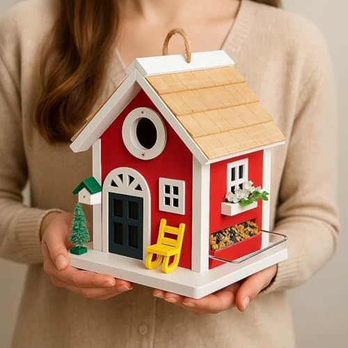 Masterpiece Bluebird House for Outside - Solid Cedar Wood Bird House Bird Feeder for Outdoor - Stainless Hardware - 2 Optional Hole Size 1.5" /1.25" - Garden Center Piece (Red Mansion)