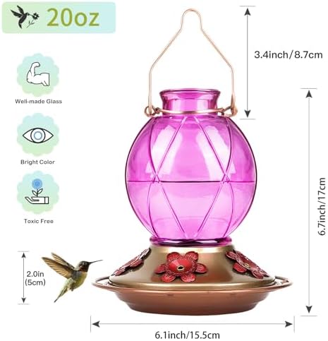 BOLITE Hummingbird Feeders for Outdoors Hanging, Glass Hummingbird Feeder, Wild Bird Feeder with Five Feeding Ports, 20 Ounces, 2 Pack, Purple and Blue, Birthday Gifts for Women Men, Gifts for Mom Dad