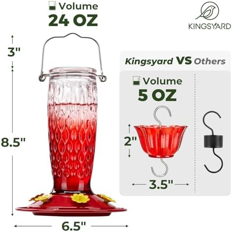 Kingsyard 2 Pack Glass Hummingbird Feeders for Outdoors Hanging, Wild Bird Nectar Feeder with 6 Feeding Ports, 24 oz Leak-Proof, Red Gradient (Ant Moat Included)