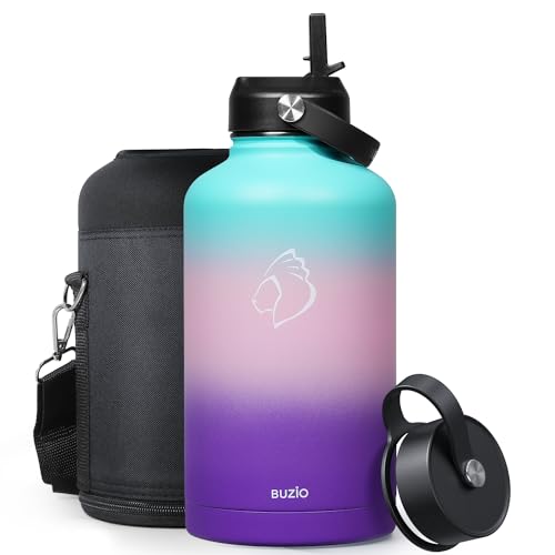 BUZIO 64oz Insulated Water Bottle Stainless Steel Double Wall Leak Proof Half Gallon with Straw Lid and Flex Cap (Cold for 48 Hrs) Sports Flask Metal Travel Mug for Hiking Cycling, Hydrangea