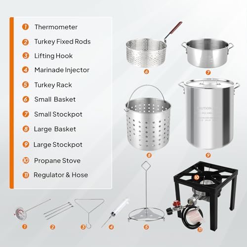 ROVSUN 30QT Turkey Fryer & 10QT Fish Fryer Kit w/ 55,000BTU Propane Stove, Aluminum Outdoor Deep Fryer & Seafood Boiler Steamer w/Baskets, Thermometer, Marinade Injector, Turkey Rack & Rack Lifter