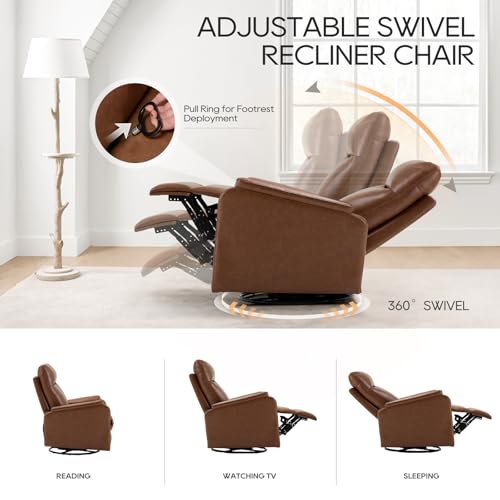 Swivel Rocking Recliner Glider Chair, Leather Nursery Reclining Rocker Chair with Footrest, Ergonomic Backrest, Wide Seat Cushion and Metal Base-Cocoa