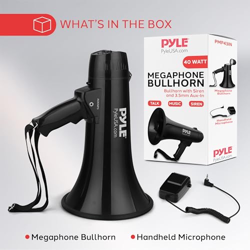 Pyle Portable Megaphone Speaker PA Bullhorn - Built-in Siren, 40W Adjustable Vol Control & 1000 Yard Range, Ideal for Any Outdoor Sports, Cheerleading Fans Coaches & Safety Drills, Black - PMP43IN
