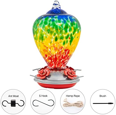 Hummingbird Feeders, 34OZ Hand Blown Glass Hummingbird Feeder for Outdoors Hanging with Ant MoatHooks, Perfect for Gardening Yard Patio Decor Gifts (Rainbow)