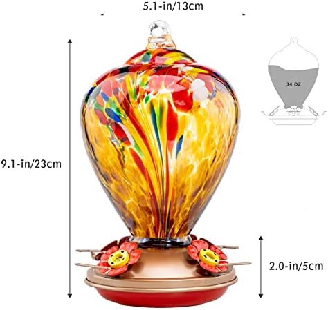 Hummingbird Feeder, 34OZ Hand Blown Glass Hummingbird Feeders for Outdoors Hanging, 4 Feeding Perch with Ant Moat Leakproof, Garden Yard Decor Gifts for Women Mom (Golden Balloon)