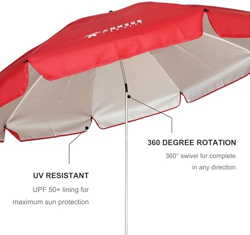 AMMSUN XL Chair Umbrella with Universal Clamp Adjustable 52 inches and 360-degree Swivel UPF 50+, Portable Clamp on Camping or Beach Chair, Stroller, Wheelchair, Golf cart, Red, Large-sized