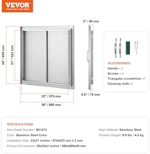VEVOR BBQ Access Door, 26W x 24H Inch Double Outdoor Kitchen Door, Stainless Steel Flush Mount Door, Wall Vertical Door with Handles, for BBQ Island, Grilling Station, Outside Cabinet, Silver