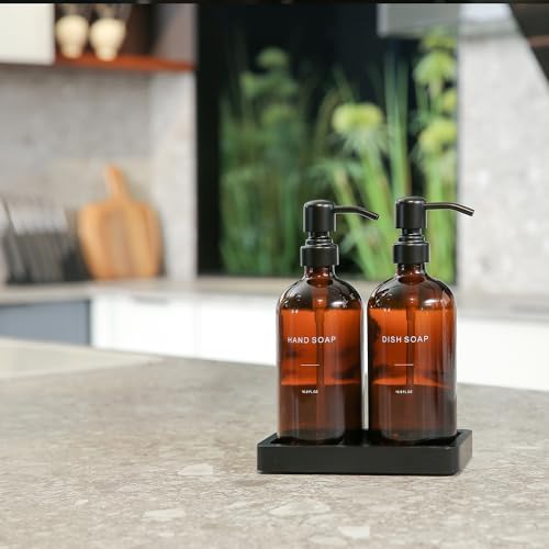 Amber Soap Dispenser Set, Soap Dispenser for Kitchen Sink with Black Stainless Steel Pump, Perfect for Kitchen Accessories Decor. (Amber)