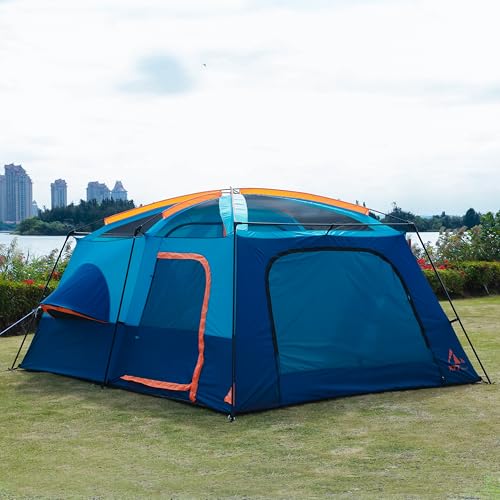 KTT Extra Large Tent 12 Person,14'Lx10'Wx7'H,Family Cabin Tents,Full Rainly,2 Rooms,2 Bay-Windows and 3 Doors 3 Windows with Mesh,Waterproof,Straight Wall,Big Tent for Outdoor,Picnic,Camping(Brown)