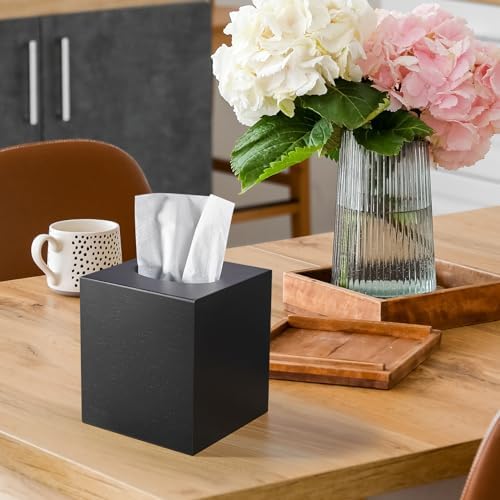 ALELION Wooden Tissue Box Cover Square - Large Black Tissue Box Holder for Tabletop Night Stands Bathroom Office - Decorative Facial Cube Tissue Box Cover