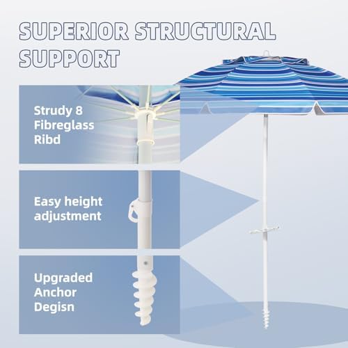 Aoxun 8FT Large Beach Umbrella with Heavy Duty Sand Anchor and Carry Bag, UPF 50+ Sun Shelter Air Vents Design for Outdoor Activities (Navy Blue & White)
