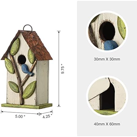 Glitzhome 9.7" H Hanging Birdhouse for Outdoor Patio Garden Decorative Pet Cottage Wooden Distressed Birdhouse, Leaves Rustic White