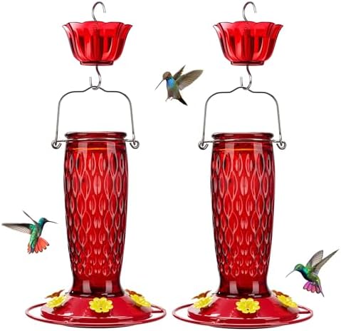 Kingsyard 2 Pack Glass Hummingbird Feeders for Outdoors Hanging, Wild Bird Nectar Feeder with 6 Feeding Ports, 24 oz Leak-Proof, Red (Ant Moat Included)