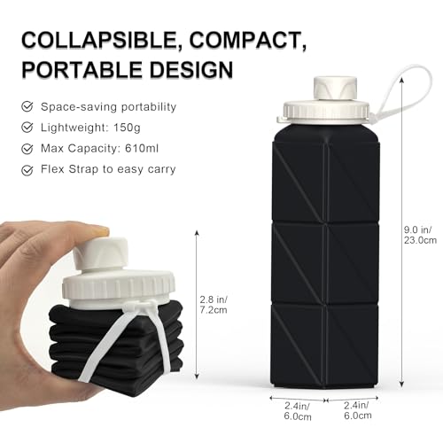 Collapsible Water Bottles with Straw, BEAUTAIL Silicone Foldable Portable Water Bottle 610ml Lightweight Reusable Leakproof for Travel Camping Hiking Cycling Sports, 4 Pack (Black+Dark Blue+Blue+Pink)