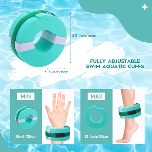 RoundFunny 2 Pcs Foam Swim Aquatic Cuffs Equipment Water Aerobics Float Ring with Detachable Hook and Loop Fastener Fitness Workout Set for Swimming Fitness Training Pool Exercise (Aquamarine)
