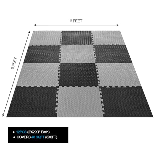Holymus 1 in Thick 48 Sq Ft EVA Foam Exercise Gym Mats 12 Pcs - Interlocking Puzzle Floor Tiles for Home Gym Heavy Workout Equipment Flooring - 24 x 24in Tile, Black & Gray