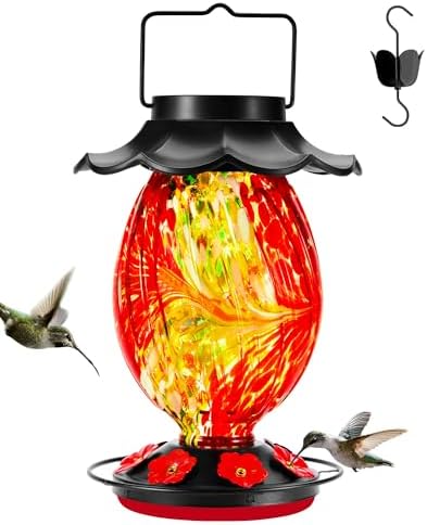 Solar Hummingbird Feeder - 49 fl.oz Hand Blown Glass Color Changing - 7 Feeding Ports with Perch - Never Leak - Perfect Hummingbird Feeder for Outdoors Hanging (Red)