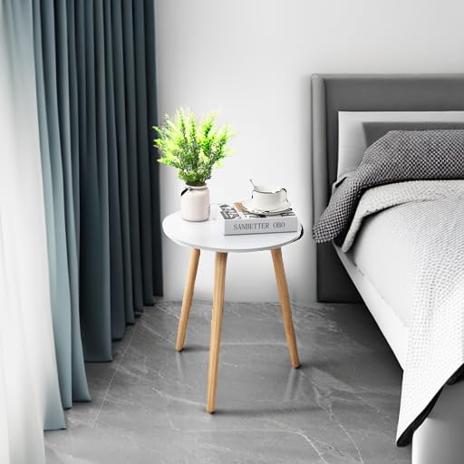 Apicizon Round Side Table, White Bedside Table Coffee End Table for Bedroom, Living Room, Small Spaces, Easy Assembly Nightstands with Natural Wood Legs, 16.5 x 20.5 Inches