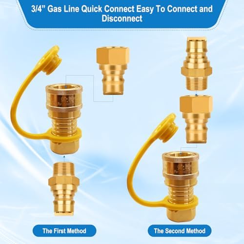3/4" Propane Quick Connect Fittings, Natural Gas Quick Connect Coupler Kit, Heavy-Duty Brass Large Flow Quick Disconnect for Commercial Kitchen Equipment, Generator, Outdoor Gas Appliances.