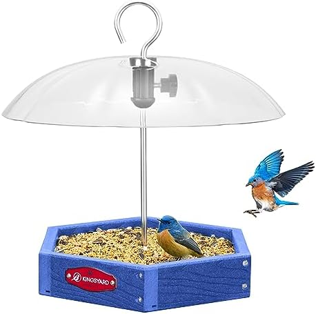 Kingsyard Platform Bird Feeder for Outdoor Hanging - Rugged Recycled Plastic Wild Bird Feeding Station with Adjustable Dome & Metal Mesh Tray, Blue