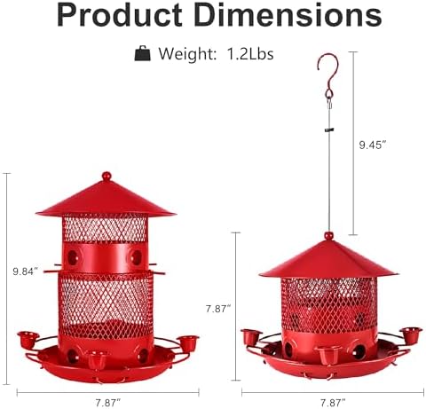 VECELO Bird Feeders for Outdoors - Hanging, Large Capacity, 4 Water Cups & 6 Feeding Ports with Perch, Metal, Easy to Clean, Attracts Wild Birds