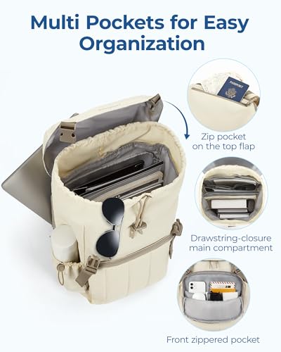 BAGSMART Backpack for Women, Wide Opening Travel Backpack, College Backpack for 15.6 Inch, Water-Resistant Quilted Daypack Lightweight Bookbag, Beige