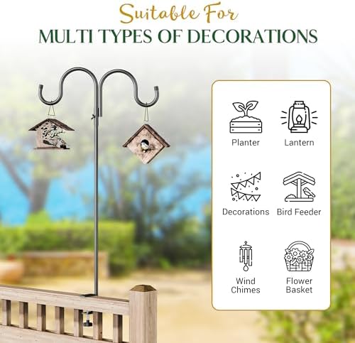 Idzo 42-Inch Adjustable Double Deck Hook for Railing, Shepherds Hooks for Outdoor Heavy-Duty with 3-Layer Coating, 5 Pounds Capacity Per Arm, Rust-Resistant Iron, Ideal for Bird Feeders and Planters