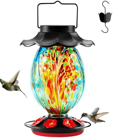 Solar Hummingbird Feeder - 49 fl.oz Hand Blown Glass Color Changing - 7 Feeding Ports with Perch - Never Leak - Perfect Hummingbird Feeder for Outdoors Hanging (Blue)