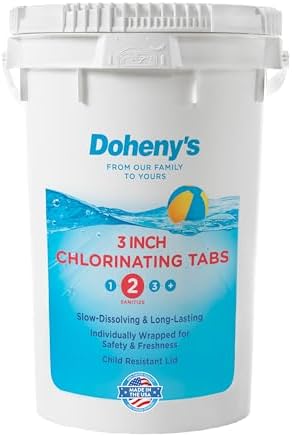 Doheny’s 3-Inch Stabilized Chlorine Tablets | 99% Pure Tri-Chlor, 90% Available Chlorine | Long-Lasting, UV-Protected, Slow-Dissolving Pool Sanitizer | Individually Wrapped, Childproof 50lb Bucket