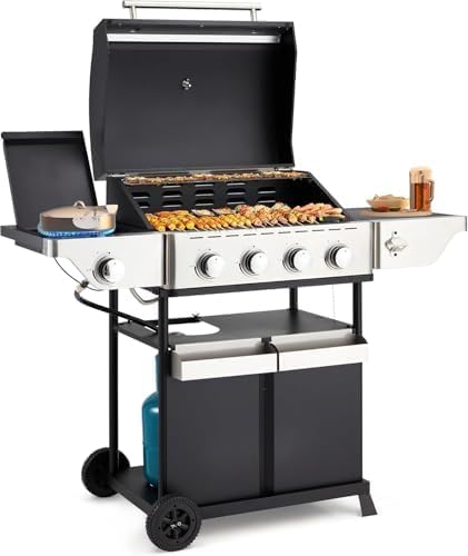 4-Burner outdoor grill with Side Burner, Stainless Steel Spice Rack 542 Sq.In BBQ, 45,000 BTU Portable Propane Grill Output for Outdoor Cooking Kitchen, gas grills Barbecue