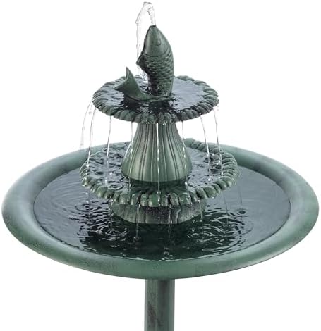 Alpine Corporation TEC104 Outdoor Floor 3-Tiered Pedestal Soothing Cascading Waterfall Fountain with Birdbath, 40", Green
