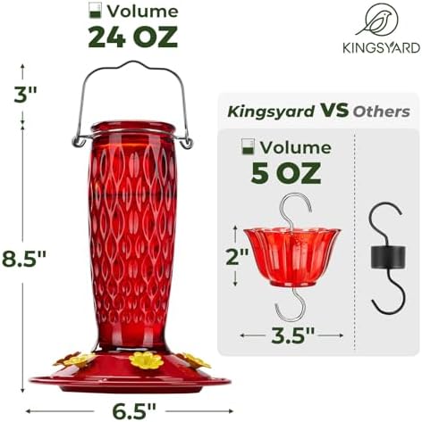 Kingsyard 2 Pack Glass Hummingbird Feeders for Outdoors Hanging, Wild Bird Nectar Feeder with 6 Feeding Ports, 24 oz Leak-Proof, Red (Ant Moat Included)